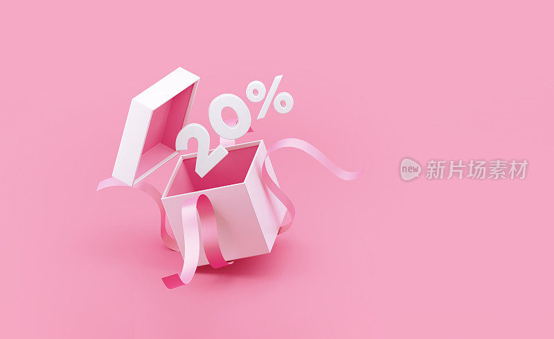 销售概念- 20%的折扣从白色礼盒与粉色丝带